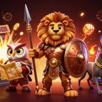 Sv88 offers thrilling game experiences with a Spartan lion, owl strategist, and greyhound messenger amidst jackpots and treasures.