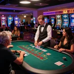 Players enjoying blackjack thrills at the 88 Club casino with colorful neon lights and a luxurious atmosphere.