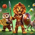 Experience thrilling sports betting action with tylebongda's dynamic scene of a Spartan lion, owl strategist, and greyhound along with vibrant game elements.