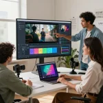 Collaborative content creators enhance their Seedance AI video projects in a dynamic office setting.