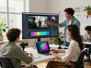 Collaborative content creators enhance their Seedance AI video projects in a dynamic office setting.