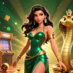 b52club offers thrilling jackpot slots action, featuring a captivating woman in an emerald gown with a golden cobra companion.