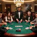 MM88 poker game in a luxury casino setting with focused players and vibrant chips