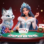 KJC showcases a vibrant scene with a stunning woman and her arctic fox companion celebrating a poker victory amidst colorful chips and cards.
