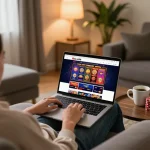 Engaging in online gameplay on trang chủ nk88 with virtual slots displayed on a cozy living room setup