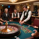 Fly88 players eagerly following a roulette spin in an upscale casino environment.