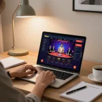 Engaging with 78winvina online gaming platform in a modern home office, highlighting strategic betting.