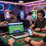 Exciting online gaming experience with HM88 logo, colorful chips, and players engaged in sports betting.