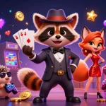 Experience exciting gameplay at 777X with a raccoon in a suit, holding winning cards amidst vibrant casino elements.