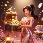Experience the thrill of BJ66 with a stunning treasure chest overflowing with riches amidst a vibrant casino atmosphere.