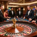 Lu88 players engaging in a thrilling roulette game with dealer spinning the wheel in a luxury casino.