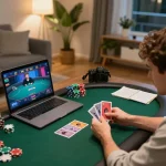 Player enjoying an online poker game at home with XX88, showcasing cards and strategy notes.