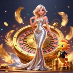 Engage with u888 com in captivating gameplay featuring a stunning woman by a golden roulette wheel and vibrant casino elements.