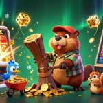 Playing at 789 casino, a beaver collects golden coins while a squirrel stacks riches in a vibrant 3D environment.