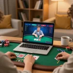 Players enjoying poker gameplay online with MB88, surrounded by a cozy home setup and strategy notes.