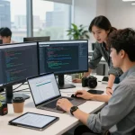 Developer collaborating on OpenClawd interface in a modern tech workspace.