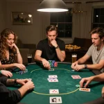 79 king players strategizing during a friendly home poker game with cards and chips on display.