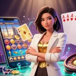 Experience the excitement at cm 88 with a powerful Asian woman confidently displaying her casino skills amidst a vibrant gambling scene.