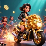 Experience the thrill of kết quả bóng đá with a captivating 3D illustration of a glamorous woman riding a golden lion mascot.