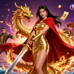 Experience the excitement with 33win as colorful lottery balls and golden prizes soar around a regal warrior queen.