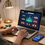 Engaged player exploring Xin88 casino options on laptop in a comfortable home gaming setup.
