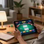 Engaged player exploring XX88 casino games on a tablet in a cozy living room setting.