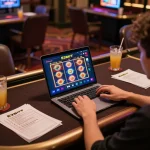 Player engaging with E2bet casino app on laptop at a stylish gaming setup, highlighting online gaming excitement.