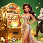 Xo88 showcases an elegant celebration next to a golden jackpot slot machine, surrounded by riches and excitement.