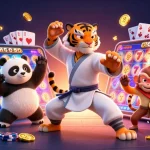 Spin to win with สล็อต featuring a kung fu tiger, playful panda, and cheeky monkey amidst vibrant casino elements.