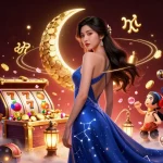 Engage with 99win's electrifying casino scene featuring dynamic slot elements and a stunning Asian character.
