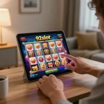 92slot user spinning vibrant slot reels on mobile app, enjoying an exciting gaming atmosphere.