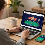 Engaged player using 58win com for online poker gaming on laptop with cozy decor.