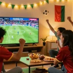 Enjoying a live football match on Ca Khia TV trực tiếp with friends in a vibrant living room filled with sports memorabilia.