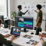 Seedance AI video production team collaborating on advanced video sequences in a modern office.