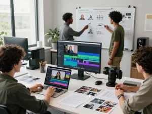 Seedance AI video production team collaborating on advanced video sequences in a modern office.