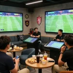 Football analysts using nowgoal for live data analysis in a vibrant sports lounge