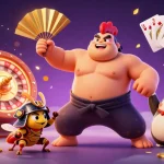 Engage with LINK 69VN in a rich 3D casino scene featuring a sumo wrestler, cricket, and tanuki amidst dazzling game elements.