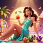 Kèo Nhà Cái showcases an engaging tropical casino scene with vibrant lottery elements and a glamorous character enjoying a cocktail.
