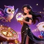 Experience the magic of GA28 with a stunning woman, owl, coins, and casino symbols.
