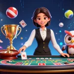 Engage in lô đề online with expert dealers, surrounded by dynamic casino elements and glowing prizes.