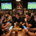 Exciting patrons engaged in sports betting at fly88mx bar, analyzing odds and celebrating wins.