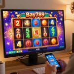 Bay789 player enjoying exciting slot gameplay with vibrant reels spinning in a lively online casino atmosphere