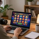KAYA88 player enjoying thrilling online slot games in a cozy home setting