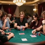 Players engaging in strategic poker betting at an elite table, sunwin20 app displayed on smartphones nearby