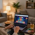 Engaging in an online gaming session at sc88bn, showcasing vibrant casino graphics and comfortable setting.