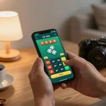 Engaging with tài xỉu online on a smartphone in a cozy home setting, showcasing the app interface and betting excitement.