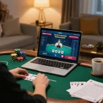 Hitclub user engaged in strategic poker gameplay on a laptop in a cozy home setting.