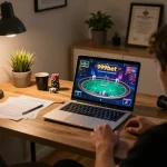 Player enjoying an online poker game on 999bet, showcasing strategic gameplay in a cozy home office.