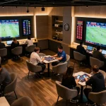 TIP88 sports enthusiasts placing bets in an energetic lounge environment, highlighting interactive betting moments.
