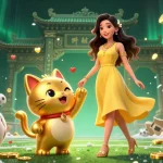 Engage in kèo bóng đá excitement with a beautiful woman and a golden cat mascot in a vibrant scene.